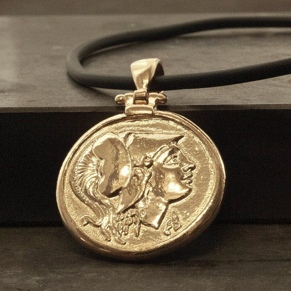 Ancient Greek Gold Coin Pendant with Goddess Athena, Ancient Greece Coin Necklace, Statement Unisex Necklace, Gift for Him/Her