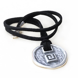 Sterling Silver Pendant with Greek Key on Black Leather Necklace, Ancient Greece Infinity Symbol Statement Necklace, Greek Jewelry image 1