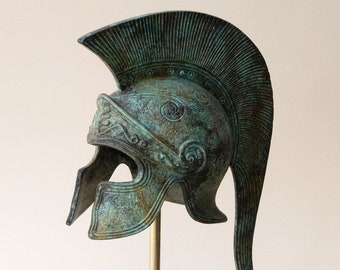 Bronze Greek Helmet with Long Crest, Ancient Corinthian Helmet, Metal Art Sculpture, Ancient Greece Museum Replica, Collectible Art