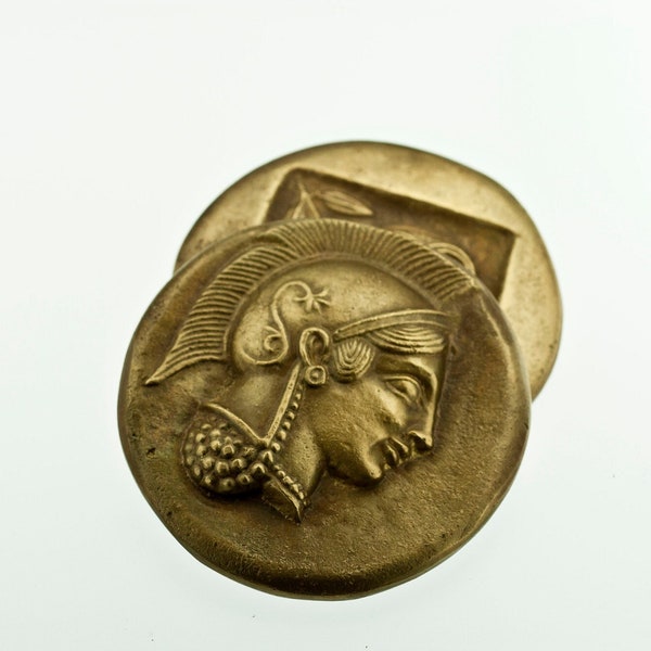 Ancient Greek Coin Bronze Paperweight with Goddess of Wisdom Athena and Owl, Office Accessory, Museum Replica of Tetradrachm of Athens