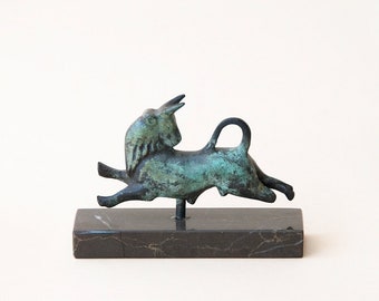 Greek Minoan Bull Small Bronze Sculpture, Bull in Leap Metal Sculpture, Greek Art Museum Replica, Taurus Constellation Zodiac Gift