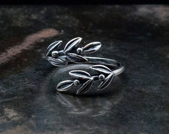 Sterling Silver Olive Leaves Ring, Twisted Olive Twig Elegant Ring, Adjustable Handmade Delicate Ring, Goddess Athena Symbol Greek Jewelry