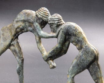 レスリング選手のブロンズ像、古代ギリシャオリンピック博物館レプリカ彫刻、美術装飾