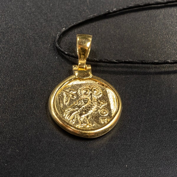 Ancient Greek Coin Gold Necklace with Owl Goddess Athena Symbol, Mens Coin Pendant, Unisex Statement Necklace, Mens Gift, Greek Jewelry