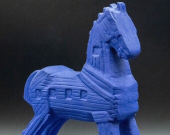トロイの木馬、ギリシャ神話の青い馬のポップアート彫刻、トロイ戦争に