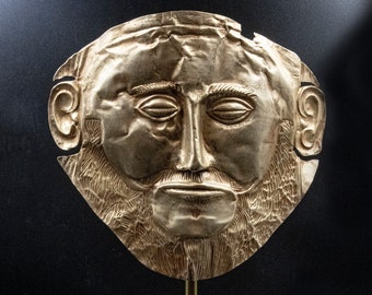 Large Ancient Greek Mycenean Mask of Agamemnon, Copper 24K Gold Plated Relief, Trojan War Mycenaean Legendary King Mask, Museum Quality Art