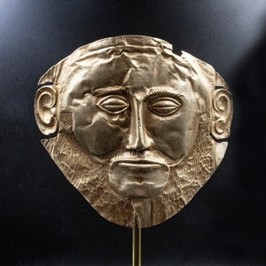 Large Ancient Greek Mycenean Mask of Agamemnon, Copper 24K Gold Plated Relief, Trojan War Mycenaean Legendary King Mask, Museum Quality Art image 1