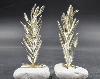 Silver Olive Tree Branch on White Marble, Real Natural Olive Tree Branch Electroplated with 999 Fine Silver, Greek Nature Art Sculpture