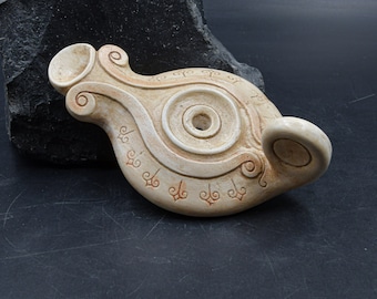 Ancient Greek Oil Lamp with Spiral and Floral Decoration, Museum Replica, Collectible Greek Art