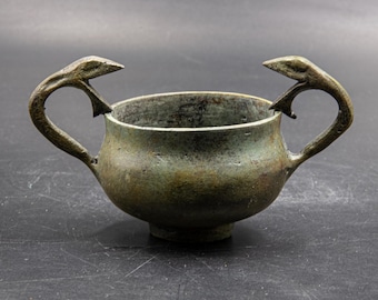 Bronze Vessel Ancient Greek Kantharos Drinking Vessel with Serpent Handles, Museum Replica, Decorative Bowl, Collectible Art, Home Decor