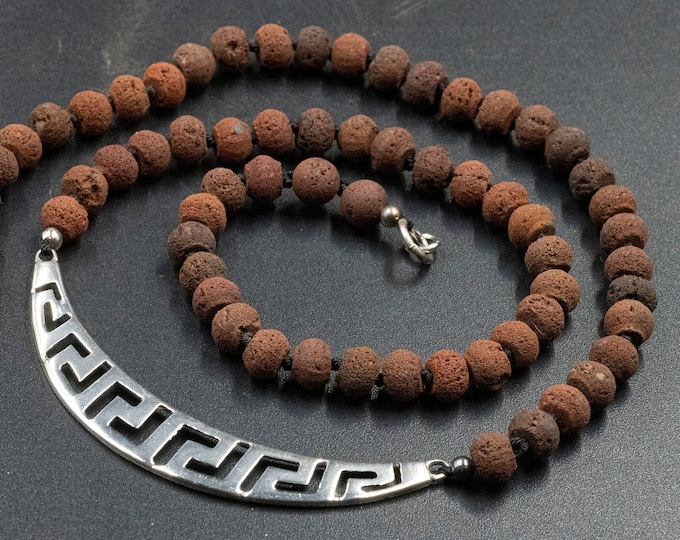 Featured listing image: Greek Key Sterling Silver Necklace: Red Lava Stone Beaded Unisex Jewelry