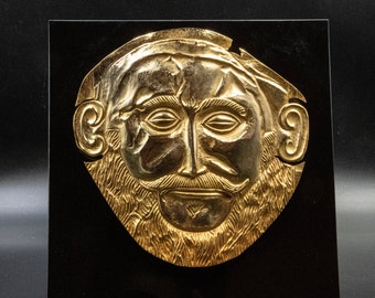 Masque mycénien d'Agamemnon de la Grèce antique, relief en cuivre plaqué or 24 carats, masque de roi légendaire mycénien de la guerre de Troie, oeuvre d'art de qualité musée