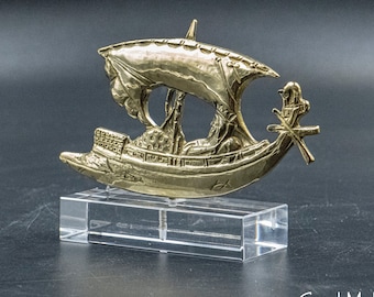 Ancient Greece Merchant Ship with Sail, Golden Metal Trireme Ship Museum Replica, Greek Ancient Vessel Small Art Sculpture, Marine Art Decor