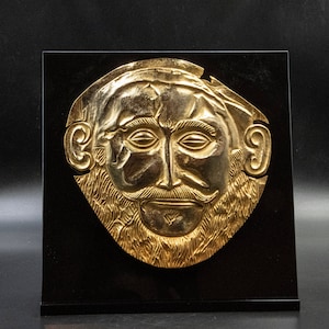 Ancient Greek Mycenean Mask of Agamemnon, Copper 24K Gold Plated Relief, Trojan War Mycenaean Legendary King Mask, Museum Quality Art image 1