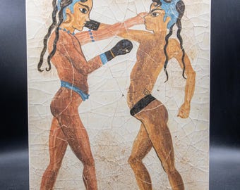 サントリーニ島アクロティリの手描きのボクサーのフレスコ画、紀元前1700年、先史時代のミノア美術、ギリシャ青銅器時代の博物館のレプリカ