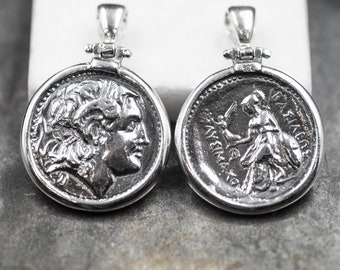 古代ギリシャのアレクサンダー大王のコインスターリングシルバーペンダント、ユニセックスネックレス、博物館レプリカ
