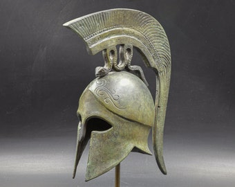 Ancient Greek Bronze Helmet with Spiraling Serpent Crest, Spartan-Corinthian Helmet Museum Replica, Ancient Greece Military Helmet