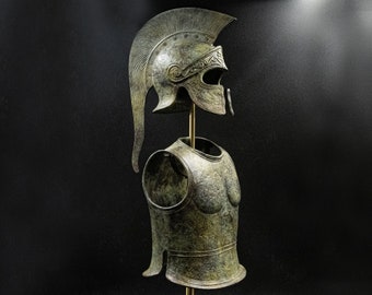 Spartan Warrior Bronze Armor Sculptured Panoply, Ancient Greek Museum Replica Helmet and Breastplate, Art Gift for Him