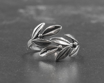 Sterling Silver Olive Leaves Large Ring, Twisted Olive Twig Elegant Ring, Adjustable Handmade Ring, Goddess Athena Symbol Greek Jewelry