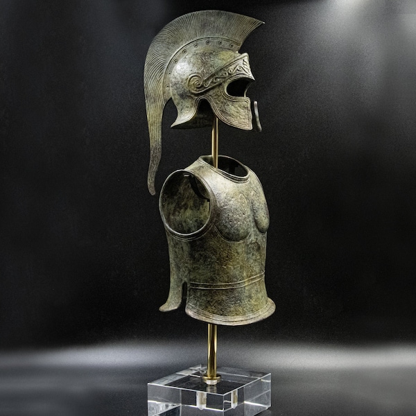 Panoplie sculptée d'armure de bronze de guerrier spartiate, casque et plastron de réplique de musée de la Grèce antique, cadeau d'art pour lui