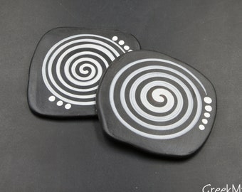 Minoan Black & White Coasters with Spiral Decoration Set2, Ancient Greek Terracotta Coasters/Paperweight Coffee, Table Decor, Museum Replica