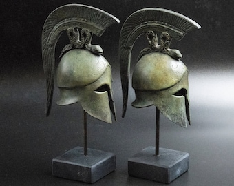 Ancient Greek Spartan Bronze Helmet with Spiraling Serpent Crest, Museum Replica Metal Sculpture, Ancient Greece Military Helmet