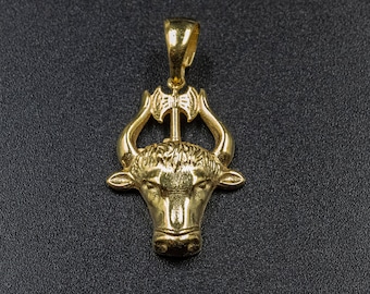 Gold Bull, Sterling Silver Bull Necklace, Ancient Minoan Cretan Pendant with Minotaur and Double Headed Ax, Mens Greek Jewelry. Wearable Art