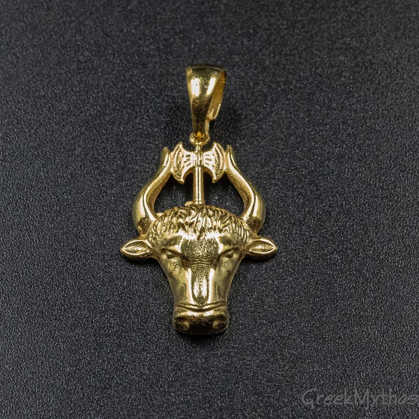 Gold Bull, Sterling Silver Bull Necklace, Ancient Minoan Cretan Pendant with Minotaur and Double Headed Ax, Mens Greek Jewelry. Wearable Art