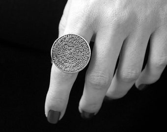 Ancient Minoan Phaistos Disc Large Ring, Sterling Silver Big Statement Ring, Wearable Art, Greek Jewelry, Mystery Ring Gift for Her