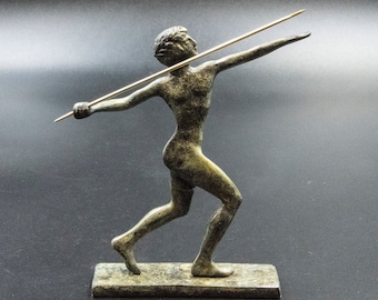 ブロンズやり投げ ITALICA 人型彫刻 青緑色 やり投げ選手のブロンズ製小型像、古代ギリシャオリンピック競技選手の