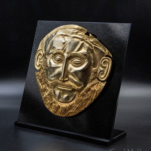Ancient Greek Mycenean Mask of Agamemnon, Copper 24K Gold Plated Relief, Trojan War Mycenaean Legendary King Mask, Museum Quality Art image 2