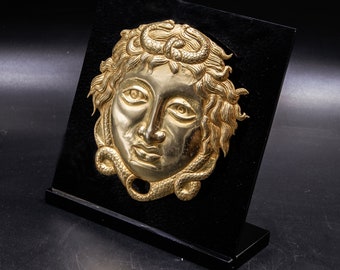 Medusa Golden Head Copper 24K Gold Plated Relief, Greek Mythology Monster Gorgon Medusa on Perspex, Museum Replica