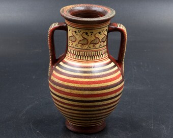 Ancient Greek Amphora Two-Handled Terracotta Vessel in Proto-Geometric Style, Hand-painted Small Vase Museum Replica, Greek Art  Pottery