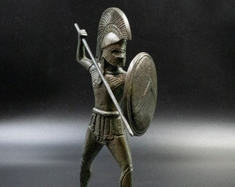 Ancient  Spartan Greek Warrior Bronze Statue Armed with Helmet Shield and Spear, Ancient Greece Legend of 300 Spartans, Greek Art Sculpture