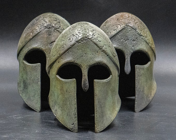 Featured listing image: Ancient Greek Bronze Helmet, Corinthian- Spartan War Helmet Museum Replica, Metal Art Sculpture, Collectible Art Gift