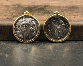 Alexander the Great Large Ancient Greek Coin Replica Pendant, Sterling Silver and Gold Greek Necklace, Greek Coin Jewelry, Museum Replica