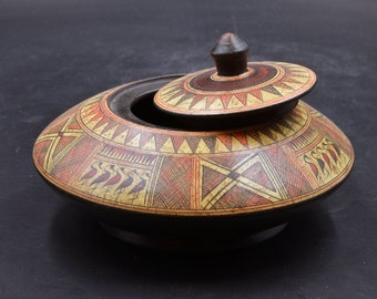 Ancient Greek Minoan Vase with Lid, Terracotta Container Hand-Painted in Geometric Style, Greek Pyxis Pottery Museum Replica Greek Art