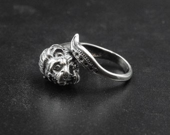 Sterling Silver Lion Head Unisex Ring, Men/Women Twisted Greek Adjustable Ring, Statement Ring, Men's GreekJewelry, Leo Zodiac Gift