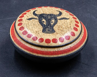 Bull Head Ancient Minoan Ceramic Small Box, Hand-Painted Terracotta with the Minoan Crete Sacred Bull, Ancient Greek Pottery Museum Replica