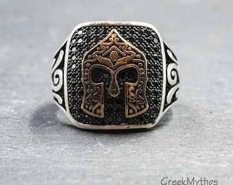 Greek Spartan Brass Helmet on Sterling Silver Ring, Men's Chevalier Statement Ring, Ancient Greece Warrior Ring, Men's Jewelry