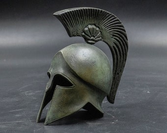 Ancient Greek Spartan Bronze Helmet with Crest, Museum Replica Metal Art Sculpture, Greek Art Decor