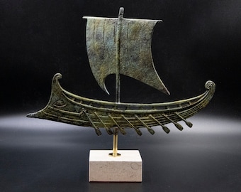 Ancient Greece Bronze Ship with Oars and Sail, Metal Warship Statue, Greek Ancient Vessel Art Sculpture, Marine Art Decor