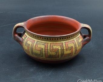 Minoan Two-Handled Terracotta Bowl with Greek-Key Decoration, Ancient Greek Skyphos Drinking Vessel Museum Replica, Home Art Decor