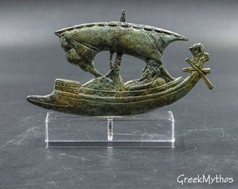 Ancient Greece Merchant Ship with Sail, Bronze Metal Trireme Ship Museum Replica, Greek Ancient Vessel Small Art Sculpture, Marine Art Decor