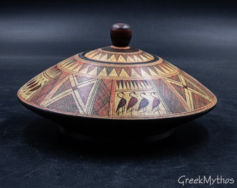 Ancient Minoan Vase with Lid, Terracotta Container Hand-Painted in Geometric Style, Greek Pyxis Pottery Museum Replica Greek Art