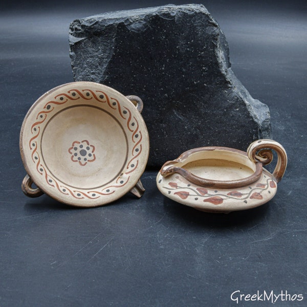 Set 2 Minoan-Mycenaean Terracotta Pouring Vessels, Ancient Greek Mini Bowls, Handmade Pottery Museum Replica, Collectible Greek Art