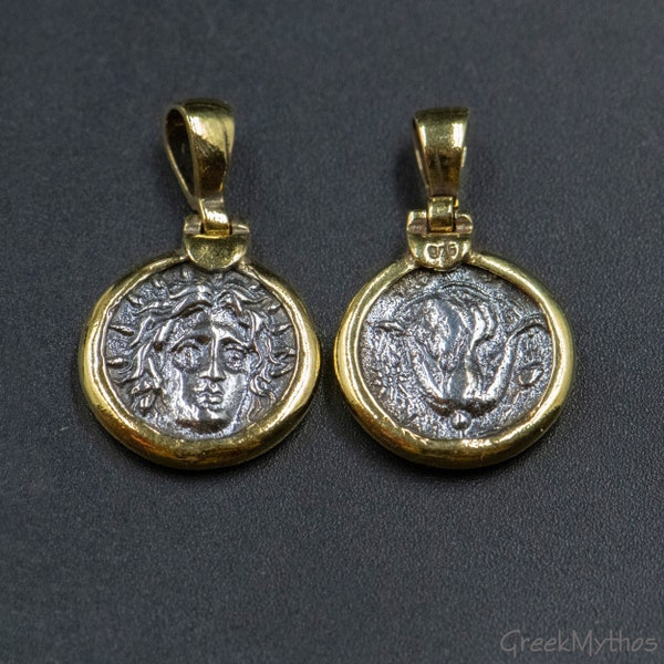 Ancient Greek Gold Coin Replica Small Pendant, Sun and Light God Apollo Rhodes Coin Necklace, Statement Women/Men Jewelry