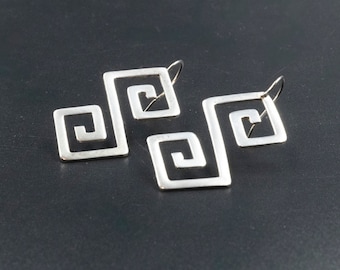 Greek Key Sterling Silver Large Earrings, Infinity Symbol Statement Grecian Earrings, Ancient Greece Jewelry Gift for Her