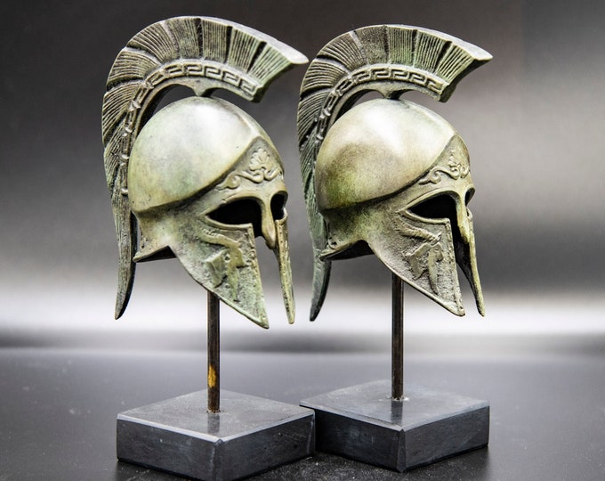 Featured listing image: Ancient Greek Bronze Helmet, Greek Key Crest Helmet, Corinthian War Helmet, Museum Replica Art Metal Sculpture, Office Decor, Gift for Him