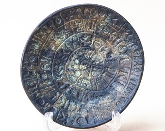 Greek Minoan Phaistos Disc Decorative Bronze Plate for Display, Minoan Crete Art Sculpture, Museum Replica, Greek Art Decor